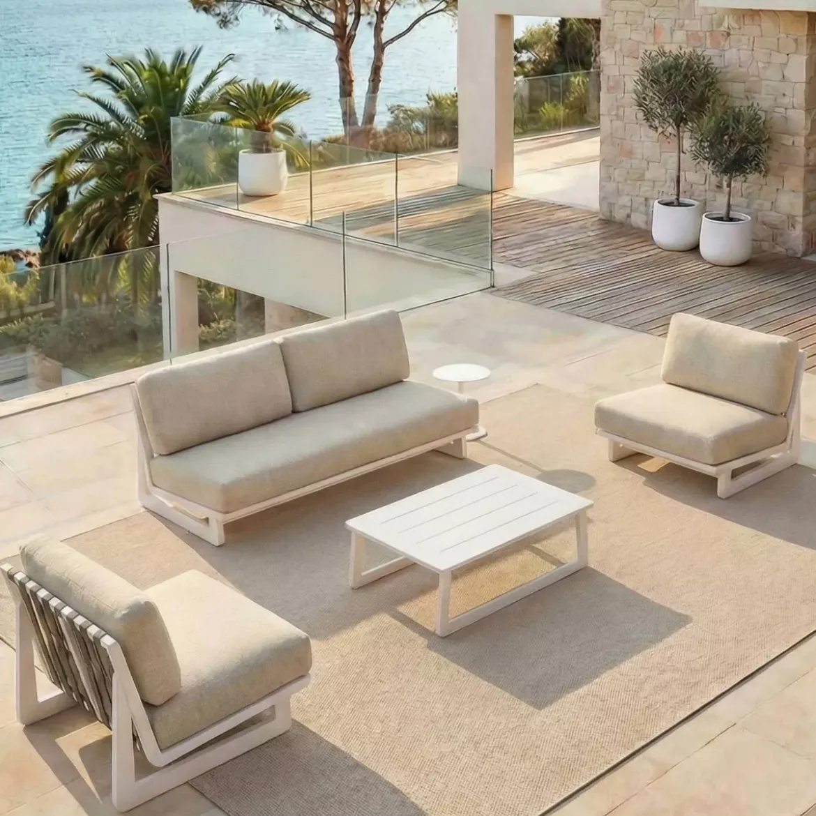 Set da giardino in alluminio 4 posti 4 pezzi Long Beach Bianco cenere e beige