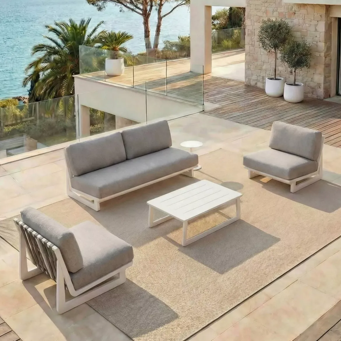 Set da giardino in alluminio 4 posti 4 pezzi Long Beach Bianco cenere e tortora