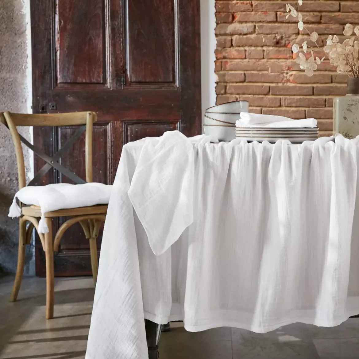 Set di 3 tovaglioli garza di cotone Gaïa Bianco chantilly