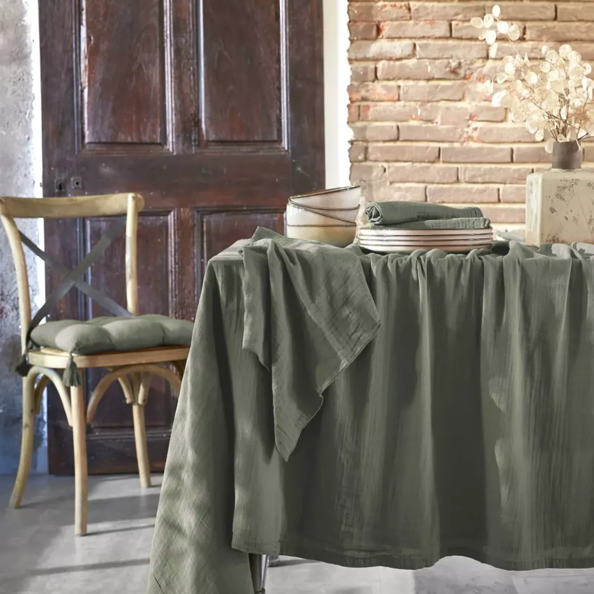 Set di 3 tovaglioli garza di cotone Gaïa Verde rosmarino