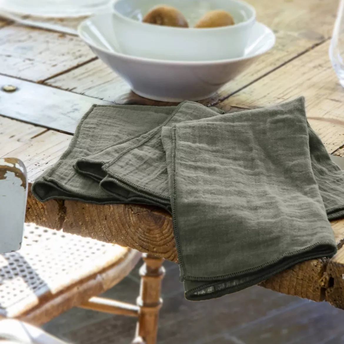 Set di 3 tovaglioli garza di cotone Gaïa Verde rosmarino