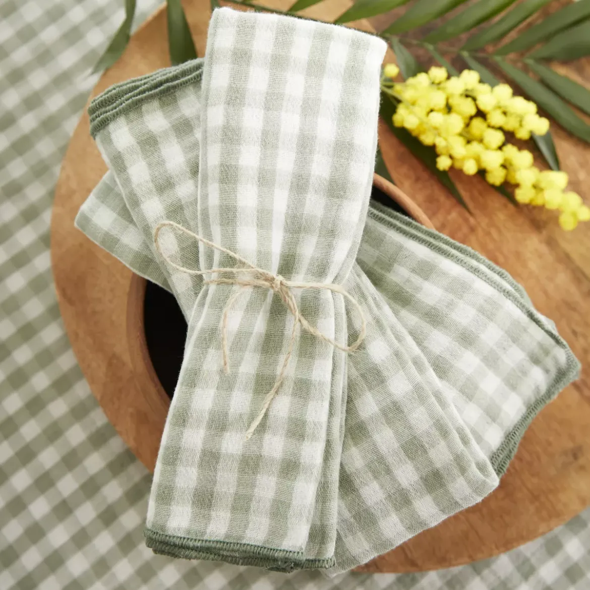 Set di 3 tovaglioli in garza di cotone (40 x 40 cm) Gaïa vichy Verde eucalipto