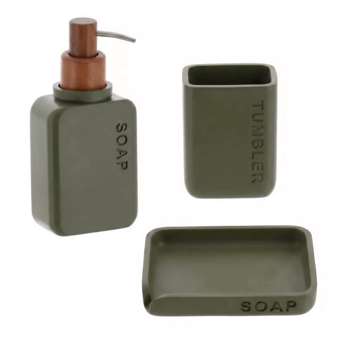 Set bicchiere distributore e porta sapone in poliresina incisa Sia Verde oliva