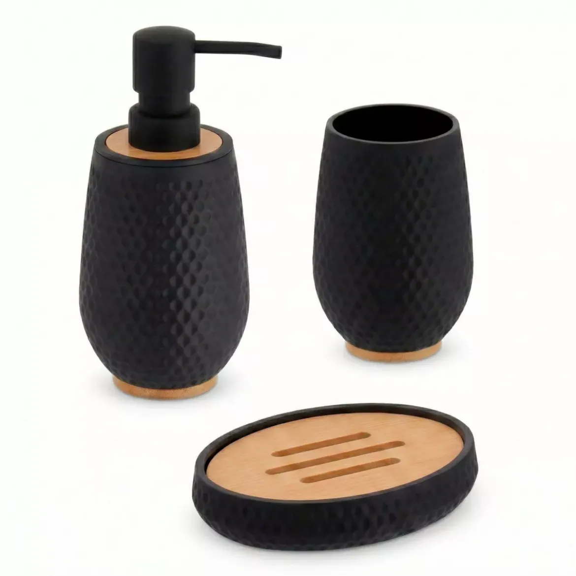 Set bicchiere distributore e porta sapone effetto nido d'ape Bania Nero