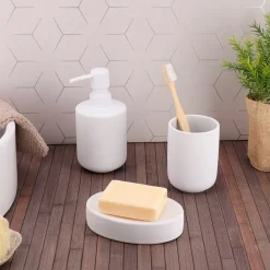 Set bicchiere portasapone e distributore in grès Timeless Bianco