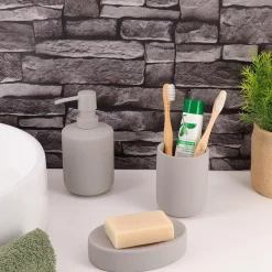 Set bicchiere, portasapone e distributore di sapone in grès Timeless Grigio Chiaro