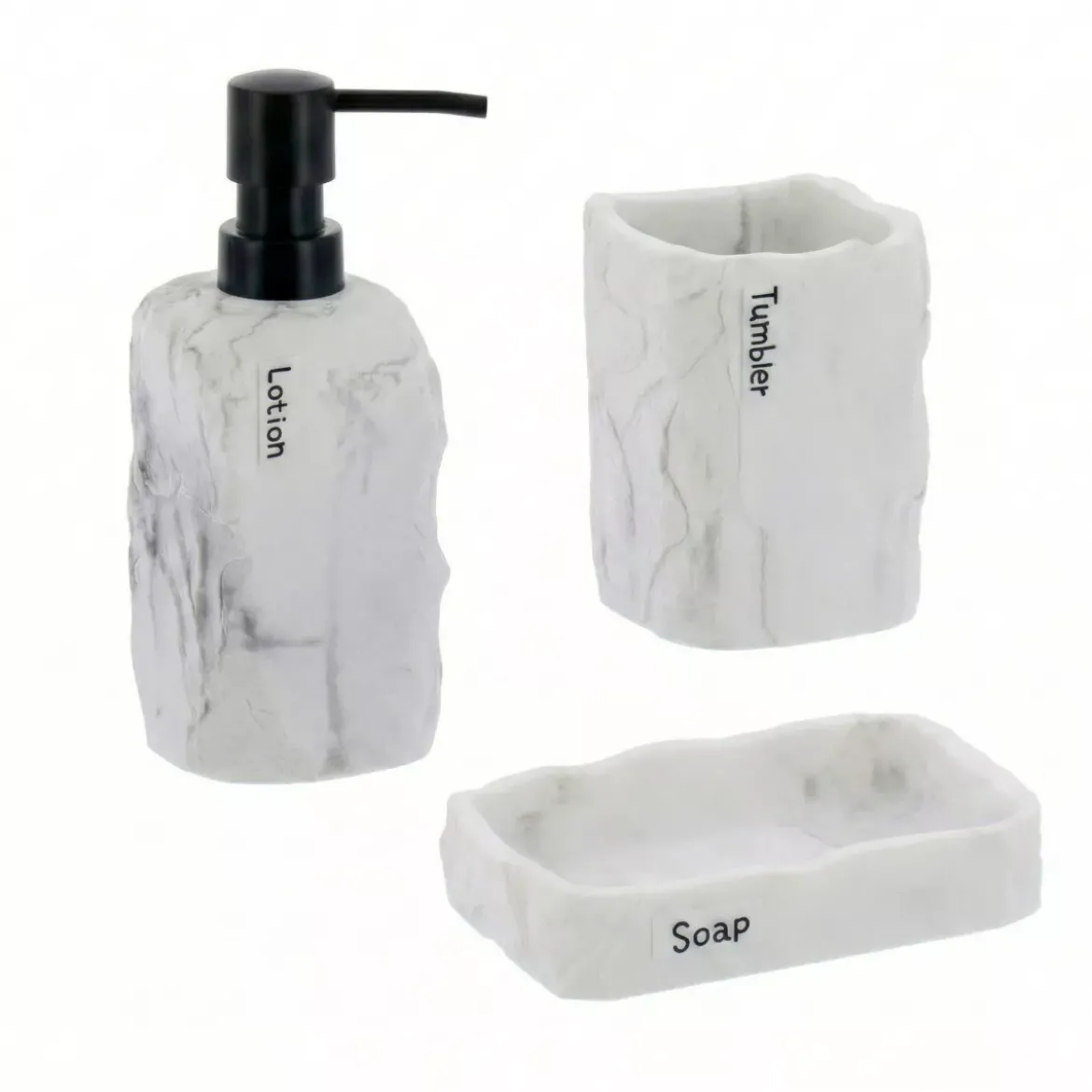 Set bicchiere, portasapone e distributore di sapone in poliresina effetto marmo Paola Grigio