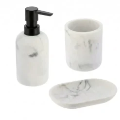 Set bicchiere, portasapone e distributore di sapone in poliresina effetto marmo Séma Bianco