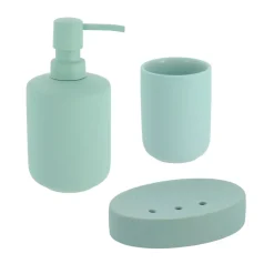 Set bicchiere, portasapone e distributore di sapone in grès Timeless Verde eucalipto