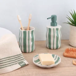 Set bicchiere, portasapone e distributore di sapone in grès a righe Jeanne Verde salvia