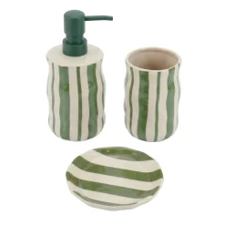 Set bicchiere, portasapone e distributore di sapone in grès a righe Jeanne Verde salvia