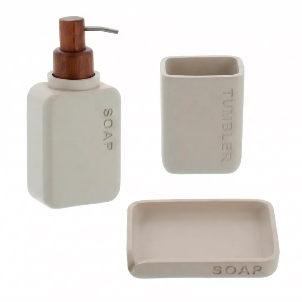 Set bicchiere portaspazzolino e distributore in poliresina incisa Sia Beige