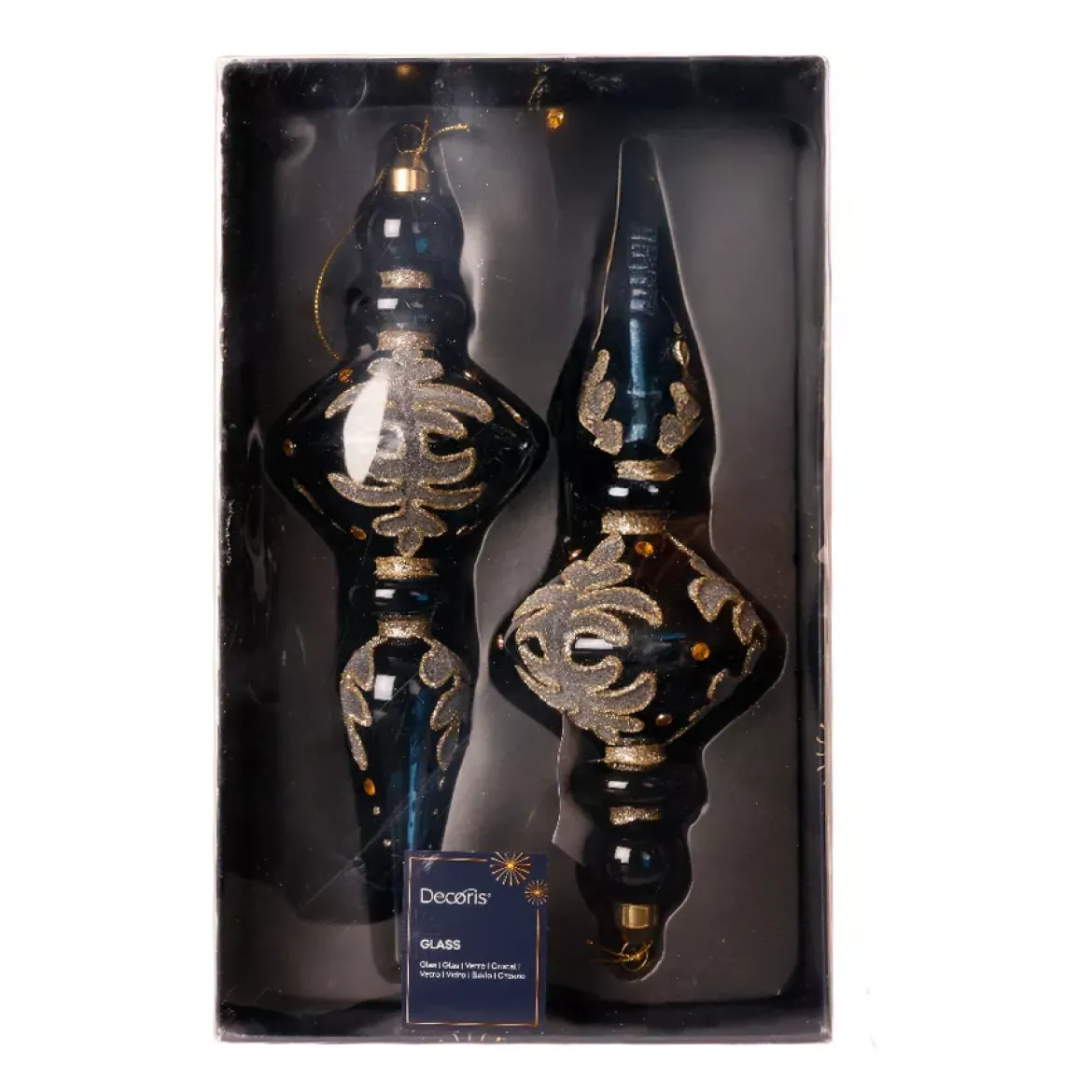 Set di 2 addobbi natalizi da appendere in vetro (H24 cm) Riflesso di Mezzanotte Blu