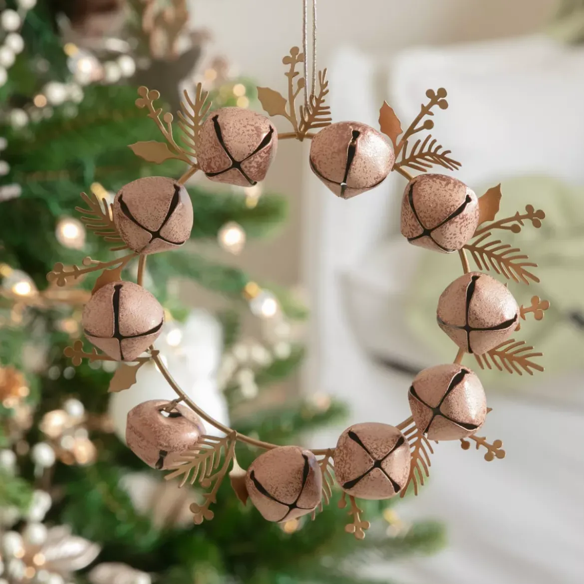 Set di 2 addobbi natalizi da appendere in metallo (D19 cm) Corona di campanelli Rosa e oro