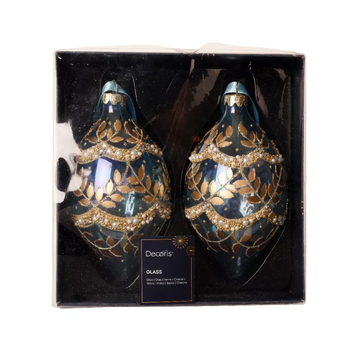 Set di 2 addobbi natalizi in vetro (H14 cm) Fogliame invernale Blu