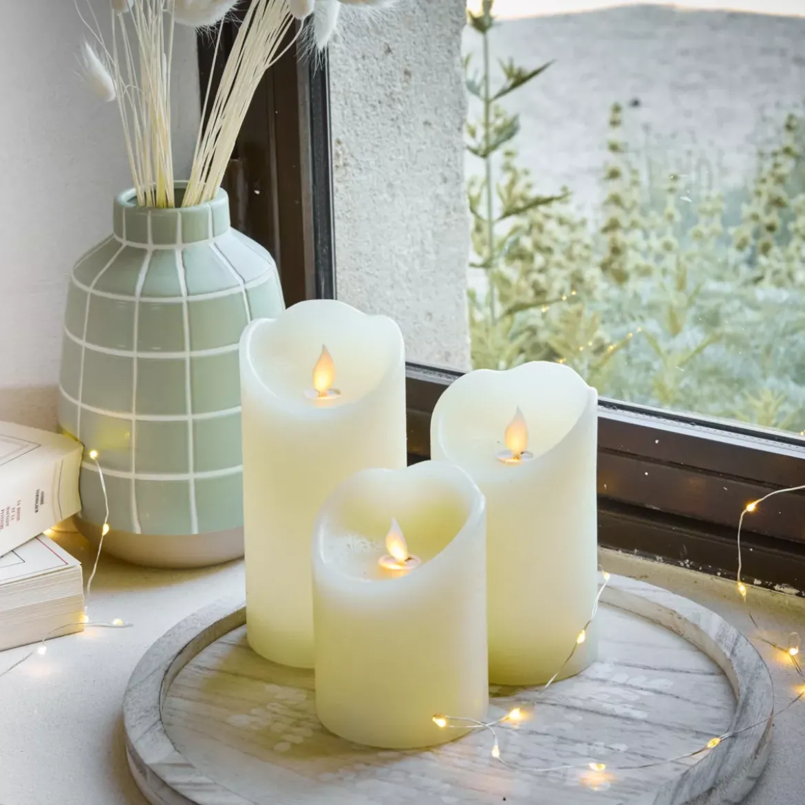 Set di 3 candele LED tremolanti (D7,5 cm) Cera naturale Crema