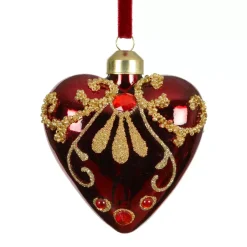 Set di 2 decorazioni natalizie in vetro (H8 cm) Cuori preziosi Bordeaux con glitter oro