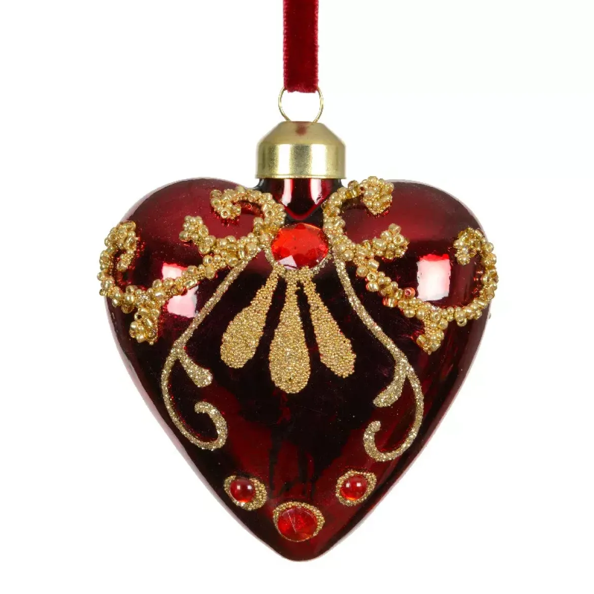 Set di 2 decorazioni natalizie in vetro (H8 cm) Cuori preziosi Bordeaux con glitter oro