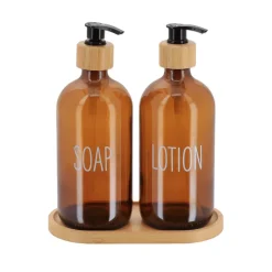 Set di 2 distributori di sapone in vetro e 1 vassoio in bambù Soap Ambra