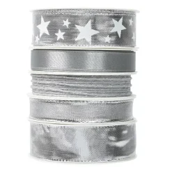 Set di 5 nastri di Natale 3 m - Raso e stelle Argento metallizzato