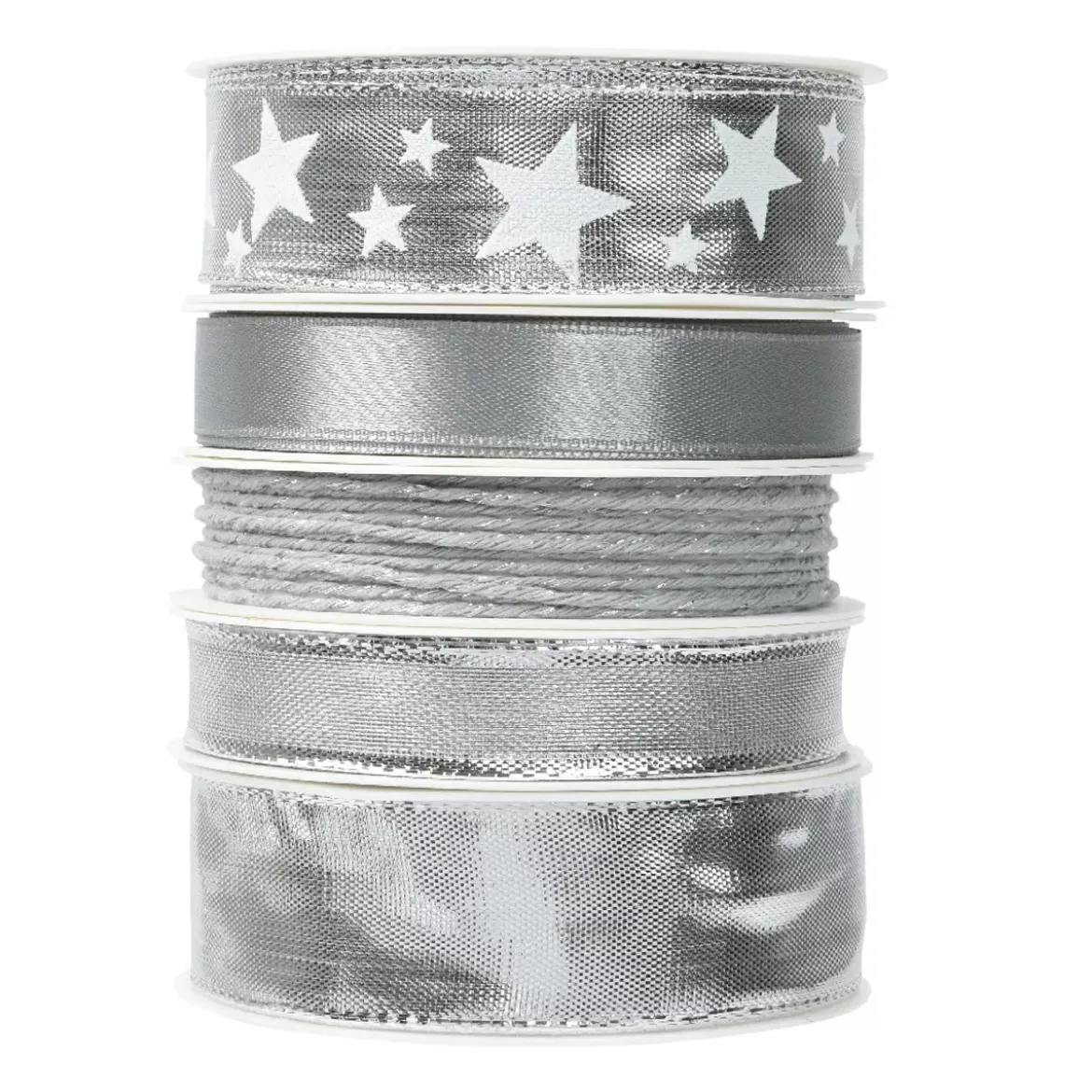 Set di 5 nastri di Natale 3 m - Raso e stelle Argento metallizzato