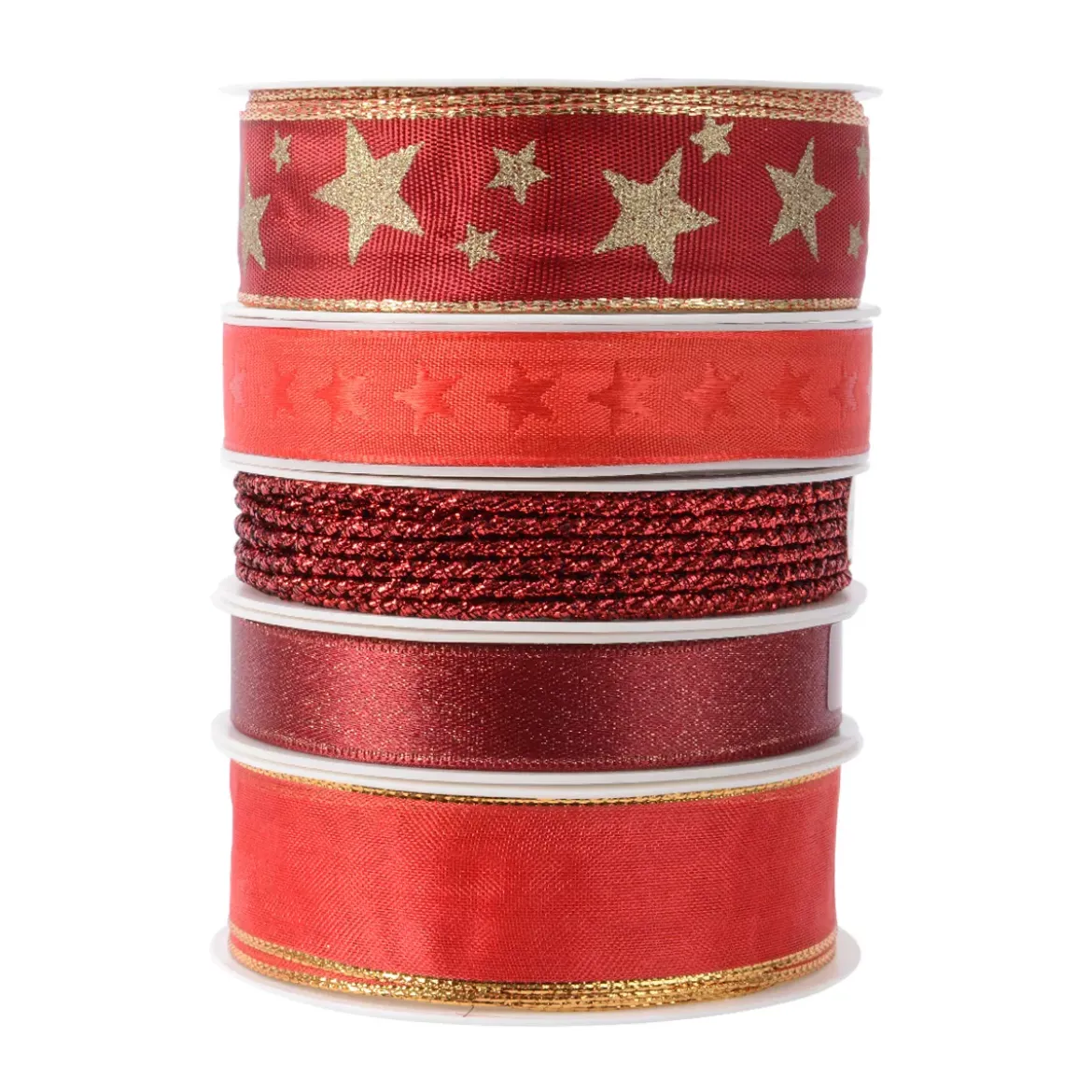 Set di 5 nastri di Natale 3 m - Raso e stelle Rosso