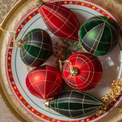 Set di 12 ornamenti di Natale in vetro (D80 mm) Velluto Rosso e verde