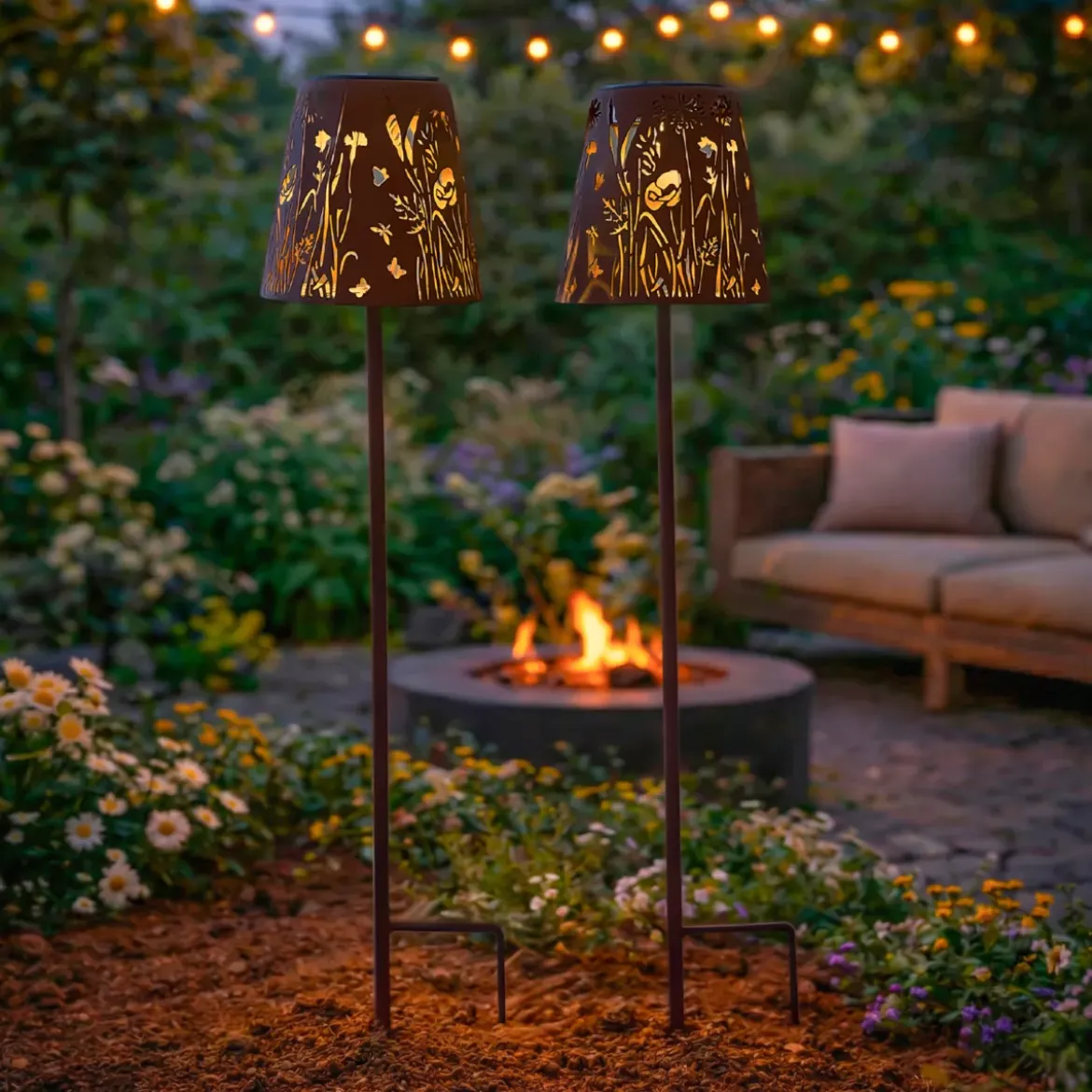 Set di 2 paletti da giardino solari LED (H58 cm) Floreale Marrone rustico