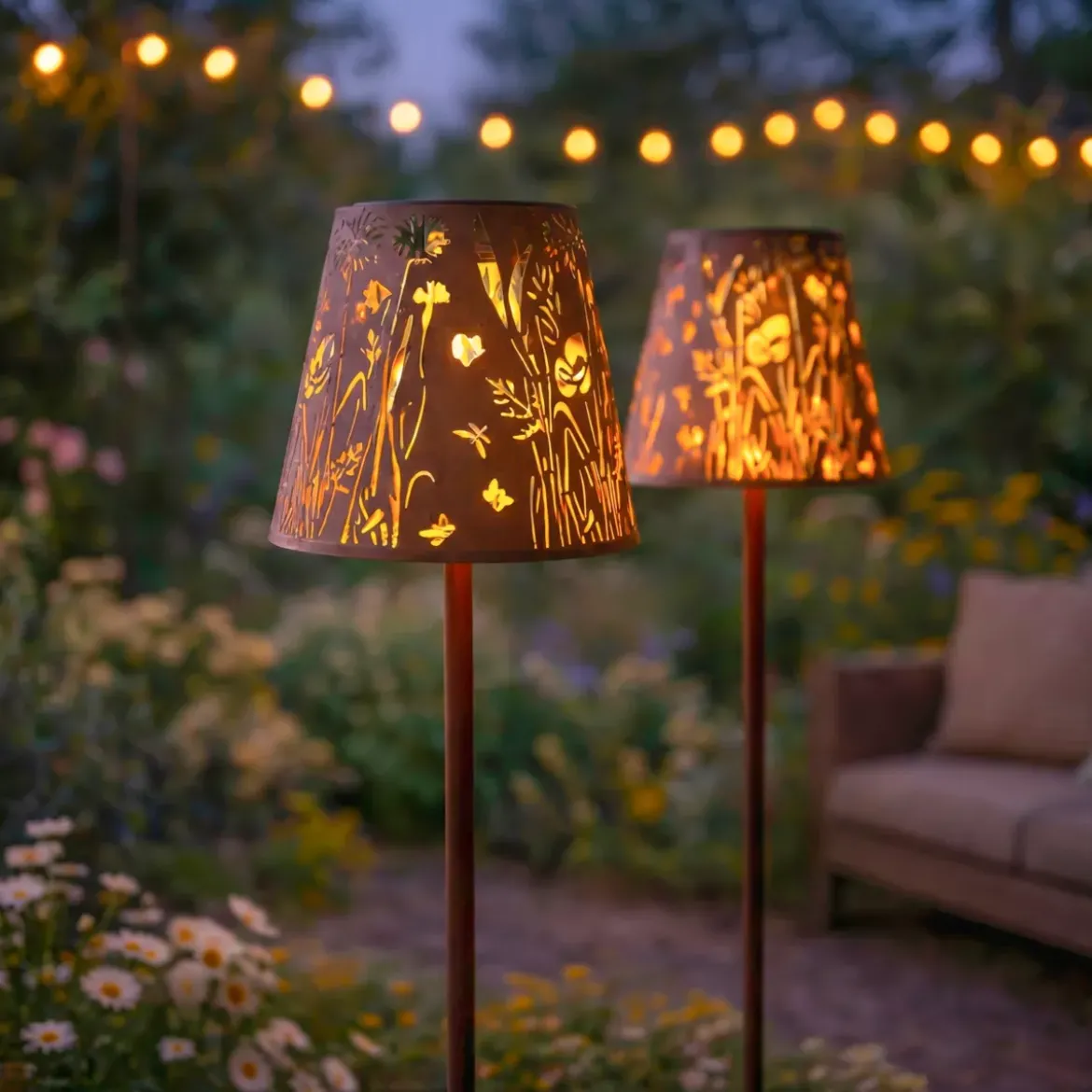 Set di 2 paletti da giardino solari LED (H58 cm) Floreale Marrone rustico