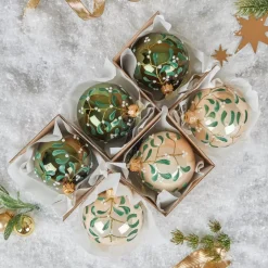 Set di 6 palline di Natale di vetro (D80 mm) Fiori agrifoglio Verde