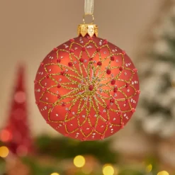 Set di 6 palline di Natale di vetro (D80 mm) Fiori paillette Rosso