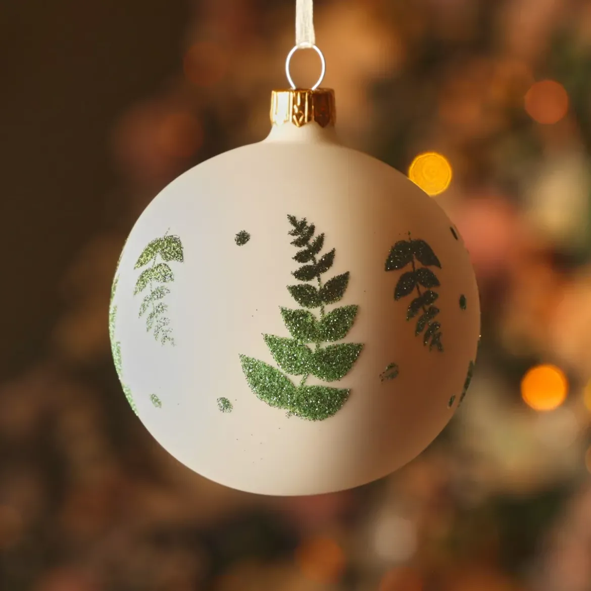 Set di 6 palline di Natale in vetro (D80 mm) Delicatezza Bianco lana e verde glitterato