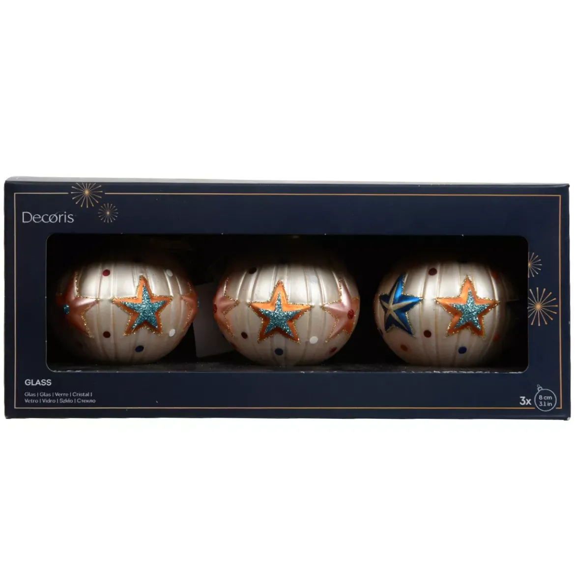 Set di 3 palline di Natale in vetro (D80 mm) Circo stellato Perla