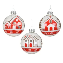 Set di 12 palline di Natale in vetro (D80 mm) Villaggi innevati Rosso e bianco