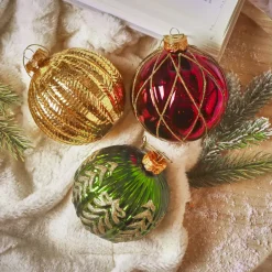 Set di 12 palline di Natale in vetro (D100 mm) Sogno Bordeaux, verde abete e oro