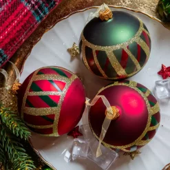 Set di 6 palline di Natale in vetro (D80 mm) Quadri Verde e rosso