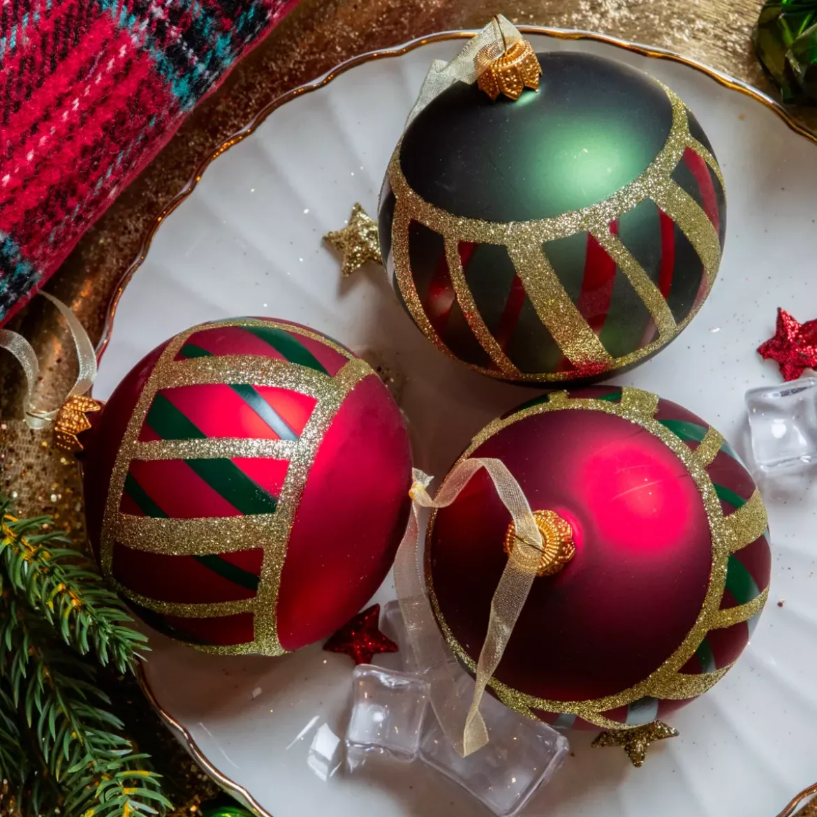 Set di 6 palline di Natale in vetro (D80 mm) Quadri Verde e rosso