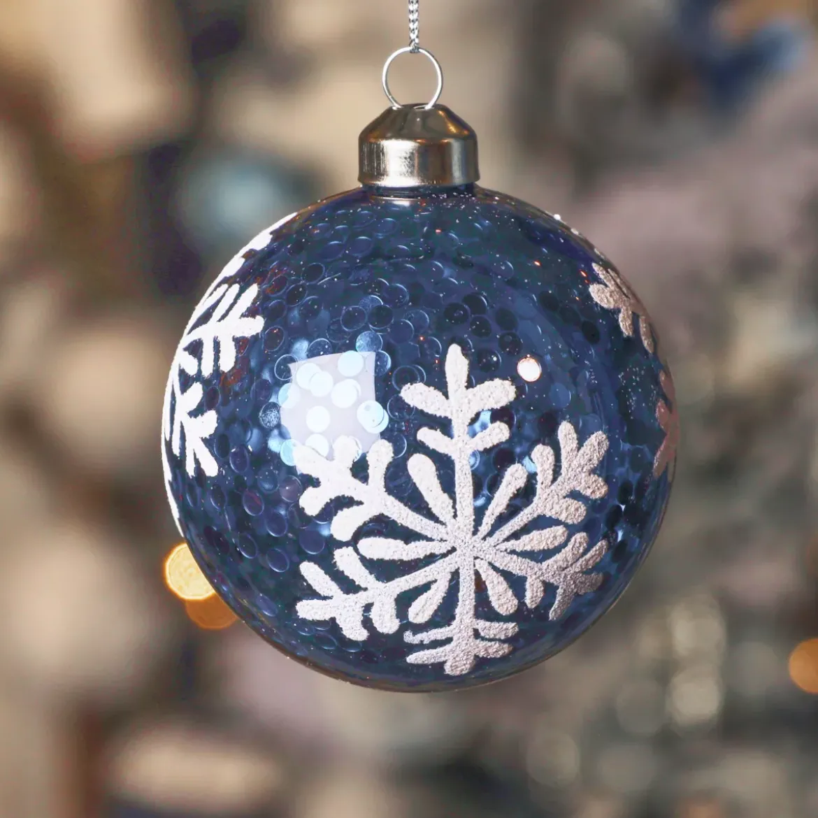 Set di 3 palline di Natale in vetro (D80 mm) Fiocchi di neve e glitter Blu notte