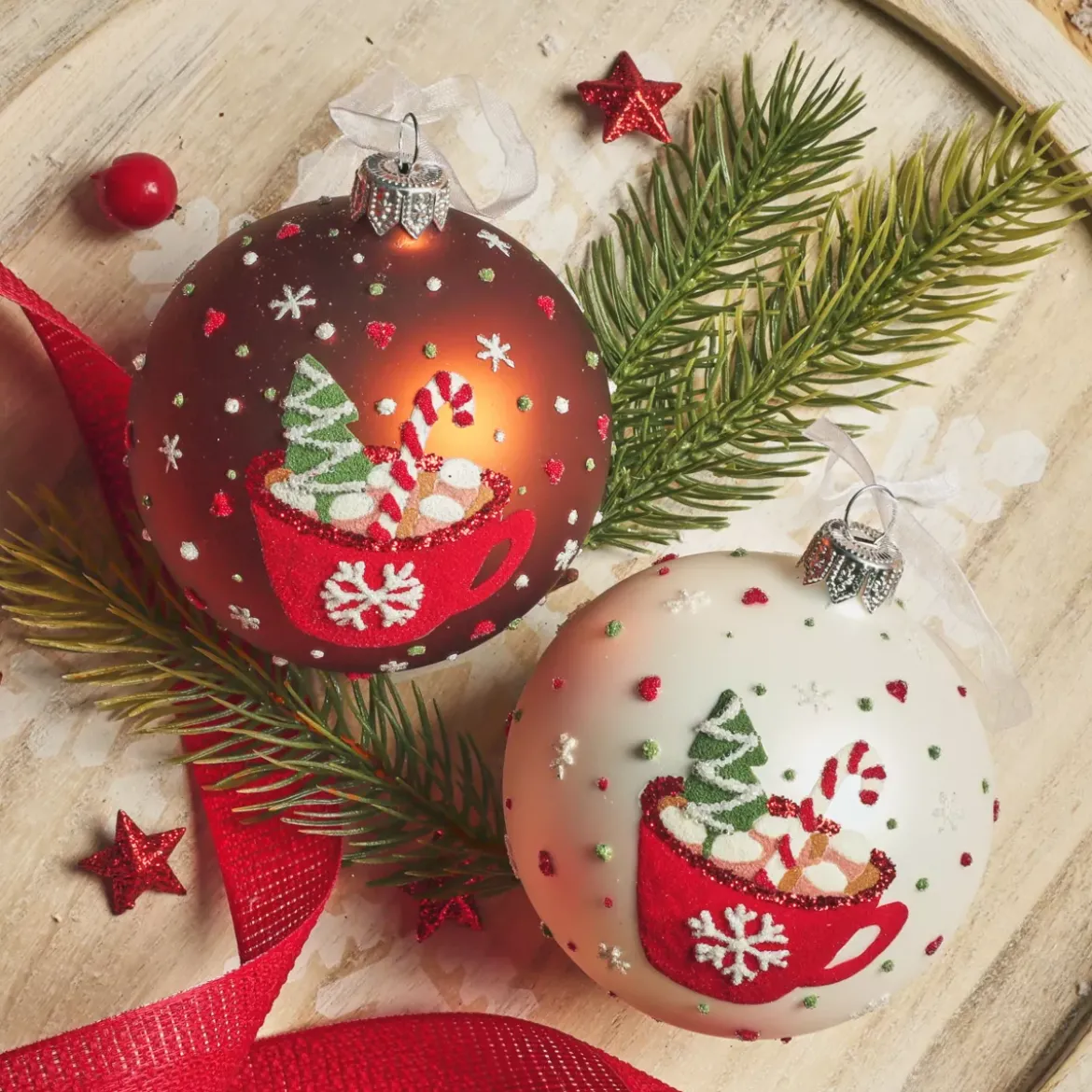 Set di 6 palline di Natale in vetro (D80 mm) Cioccolata calda Bianco e marrone caffè