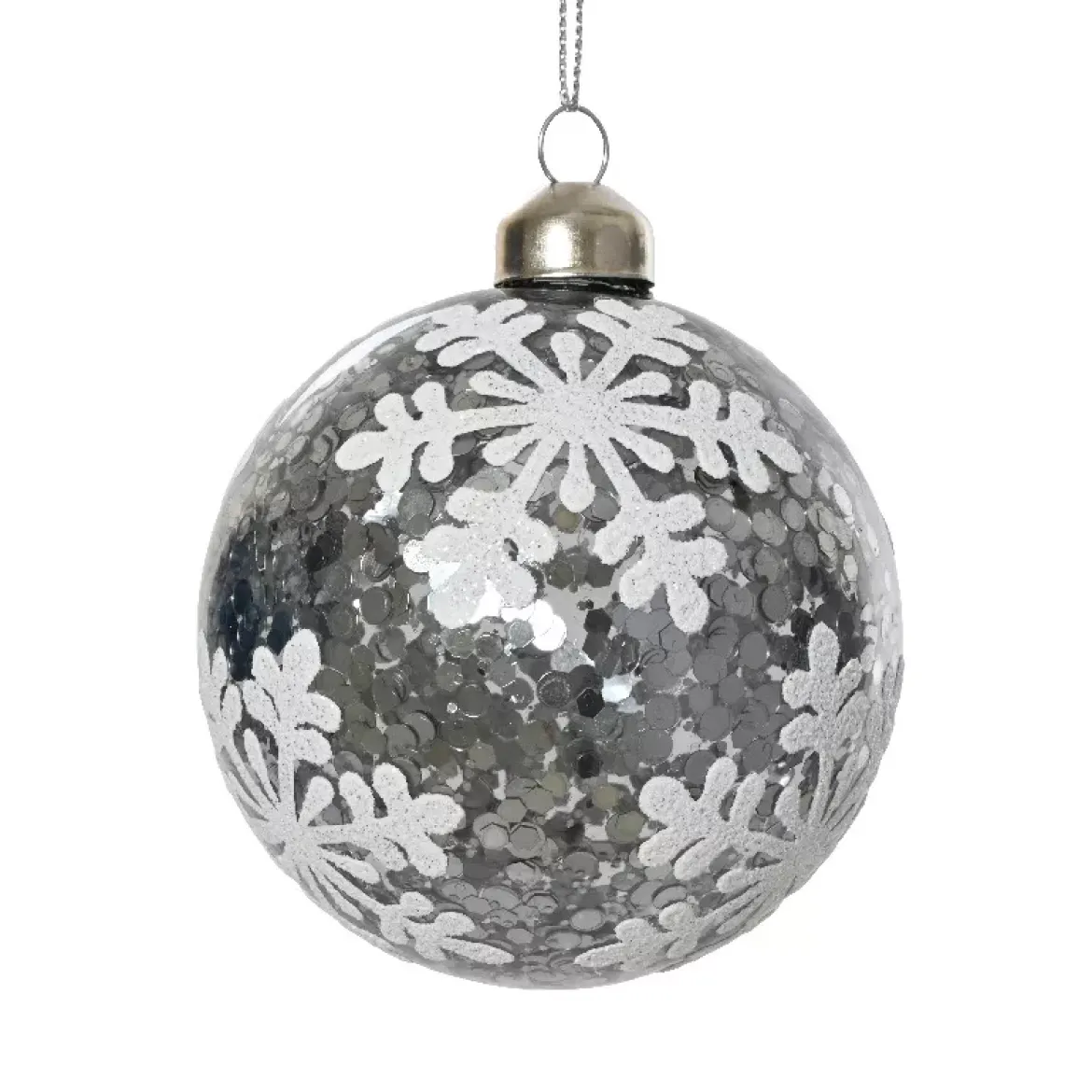 Set di 3 palline di Natale in vetro (D80 mm) Fiocchi di neve e glitter Argento