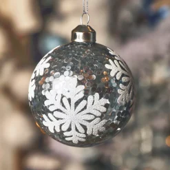 Set di 3 palline di Natale in vetro (D80 mm) Fiocchi di neve e glitter Argento