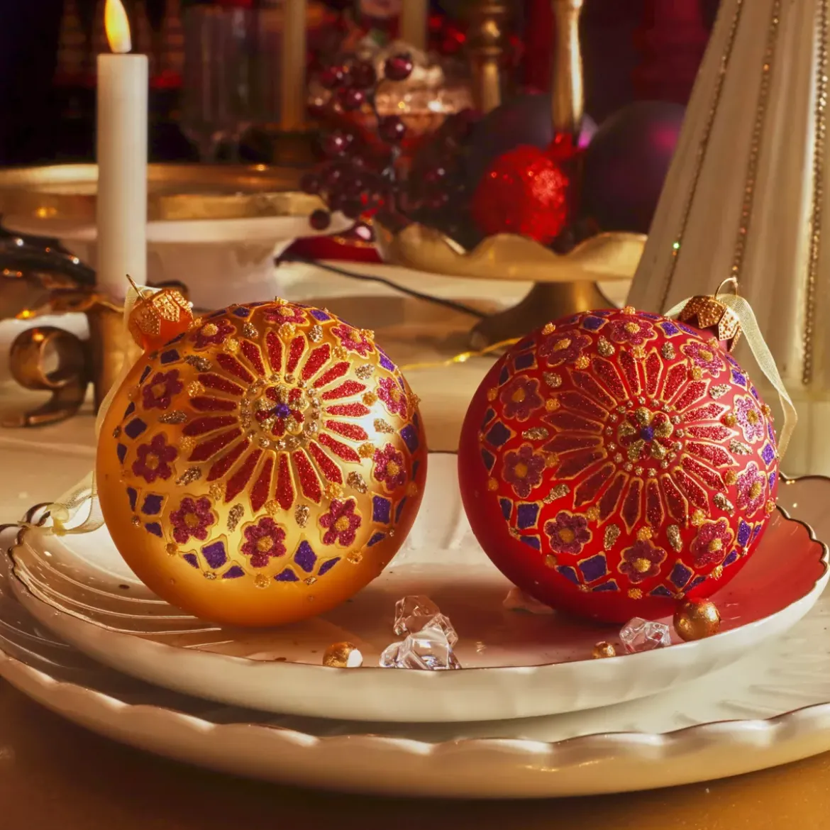 Set di 6 palline di Natale in vetro (D80 mm) Fiocchi di Lapponia Rosso e oro