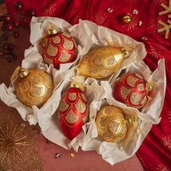 Set di 12 palline di Natale in vetro (D80 mm) Barocco Rosso e oro