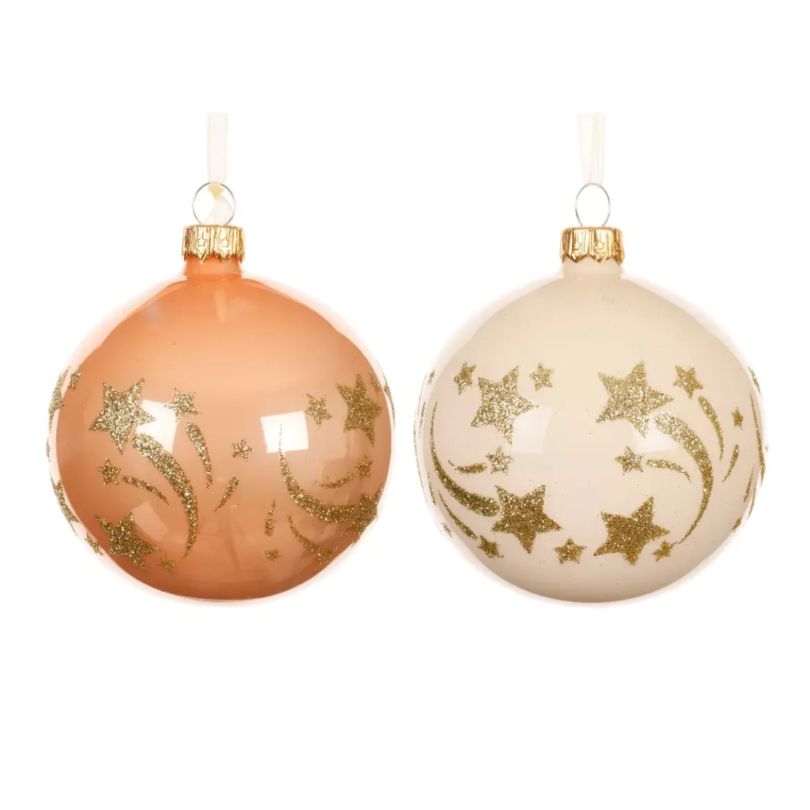 Set di 6 palline di Natale in vetro (D80 mm) Stelle cadenti Pesca e bianco
