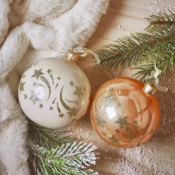 Set di 6 palline di Natale in vetro (D80 mm) Stelle cadenti Pesca e bianco
