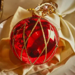 Set di 6 palline di Natale in vetro (D80 mm) Prestige Rosso con glitter oro