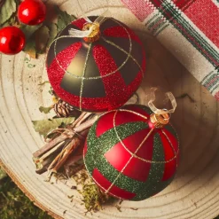 Set di 6 palline di Natale in vetro (D80 mm) Scozzese rosso e verde