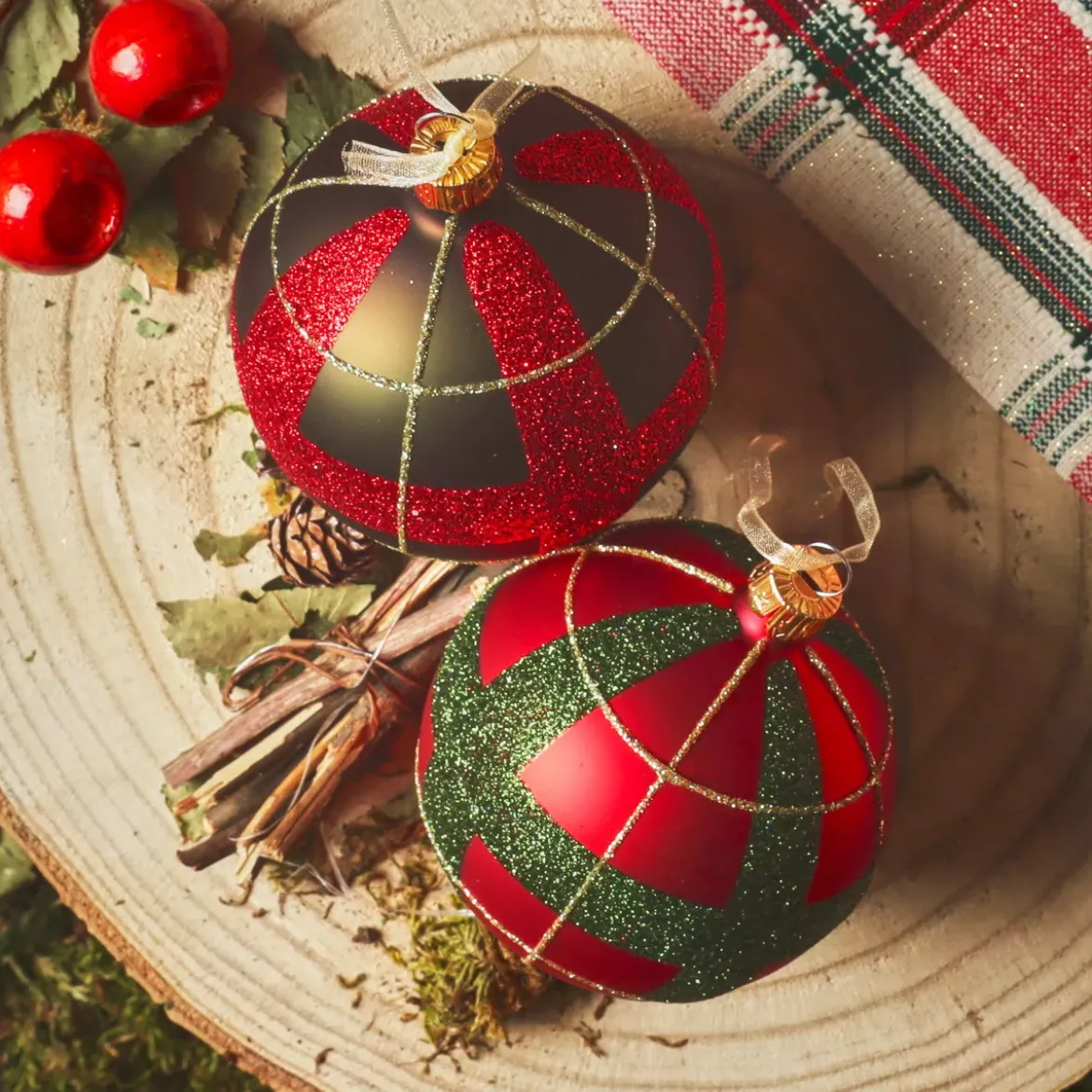 Set di 6 palline di Natale in vetro (D80 mm) Scozzese rosso e verde