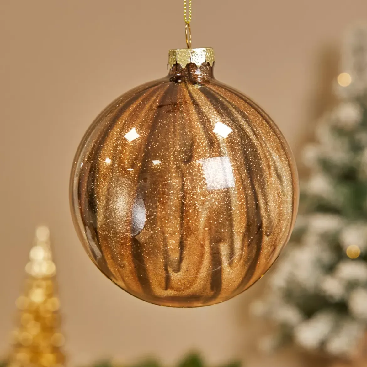 Set di 9 palline di Natale in vetro (D100 mm) New York Marrone scintillante