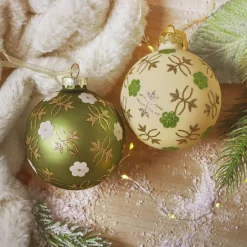 Set di 12 palline di Natale in vetro (D80 mm) Fiori Natura Verde matcha e bianco